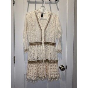 Me 2 Magic Boho Cream Embroidered eyelets Button mini gauzy Dress tunic Small